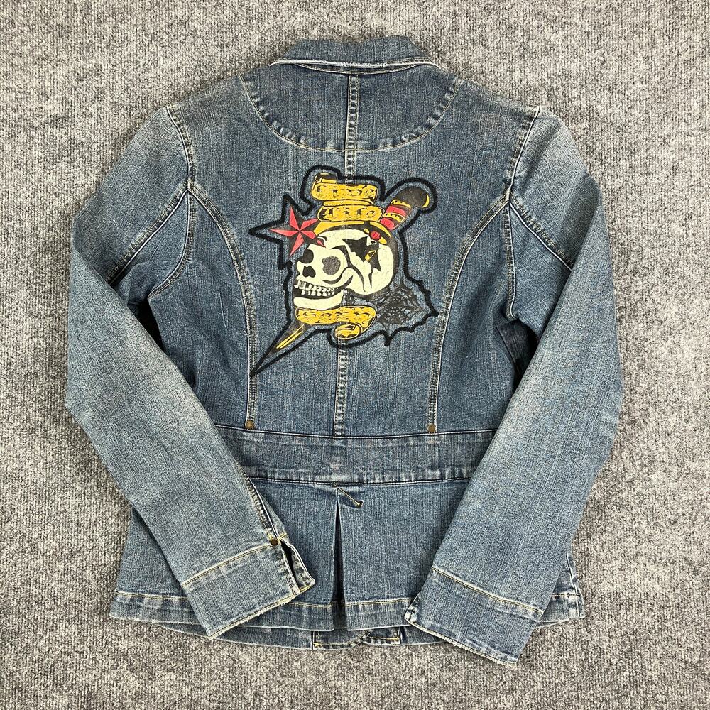 FUBU Denim Jacket Womens Size L Blue Button-Up Embroidered Rose Western Style